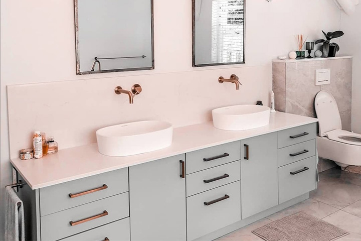 Updated Modern Caesarstone bathroom vanity countertop in white