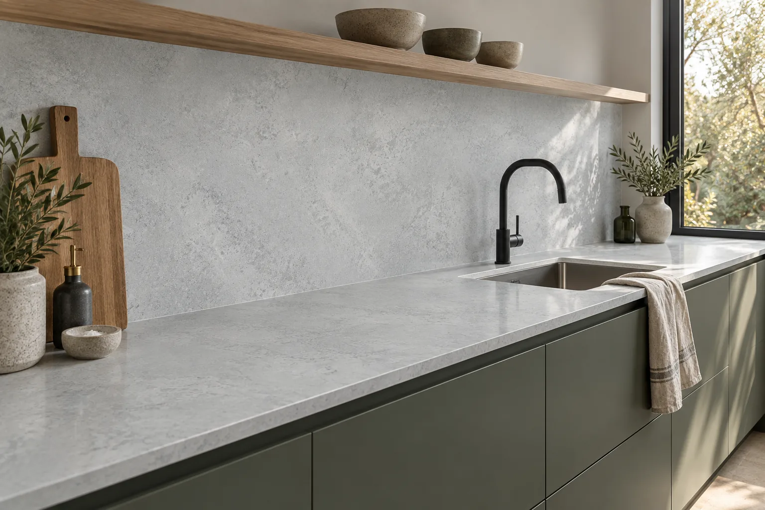 A kitchen run and full-height splashback in Caesarstone Airy Concrete with deep green cabinets