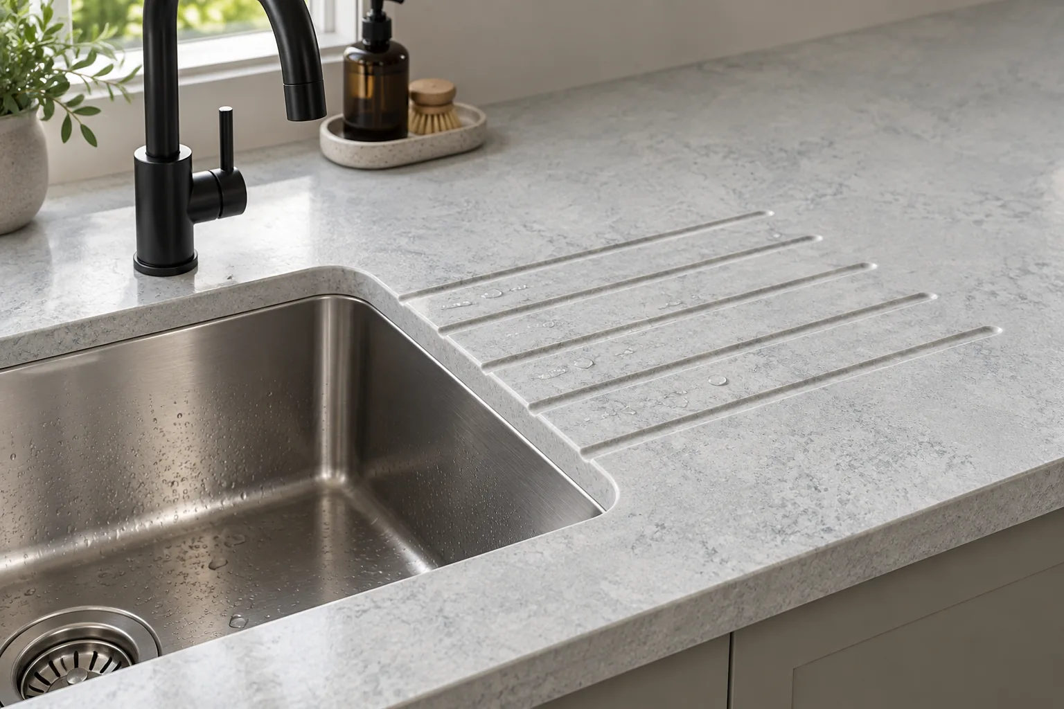 An undermount sink with five drainer grooves milled into a light grey Caesarstone Airy Concrete countertop