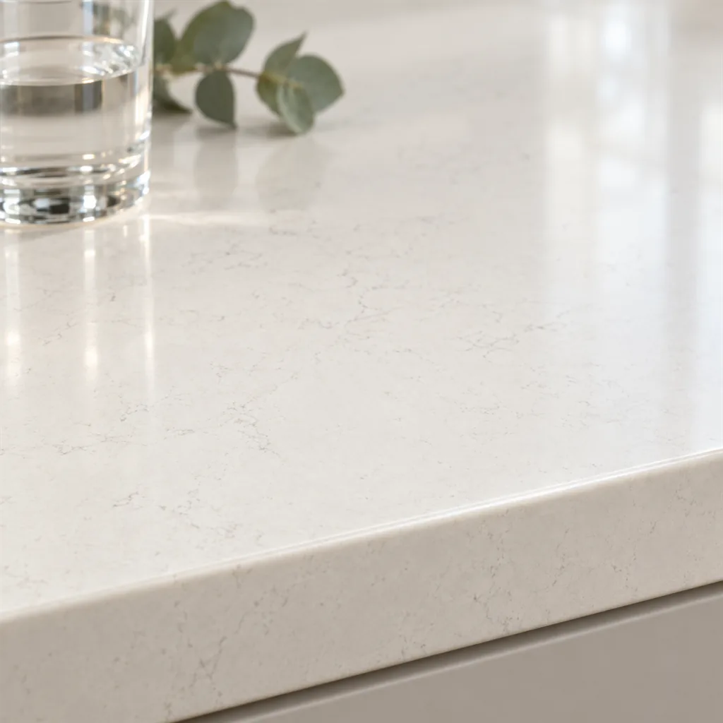 Close-up of Caesarstone Frosty Carrina, a soft white quartz with diffuse grey veining, on a polished 20 mm edge