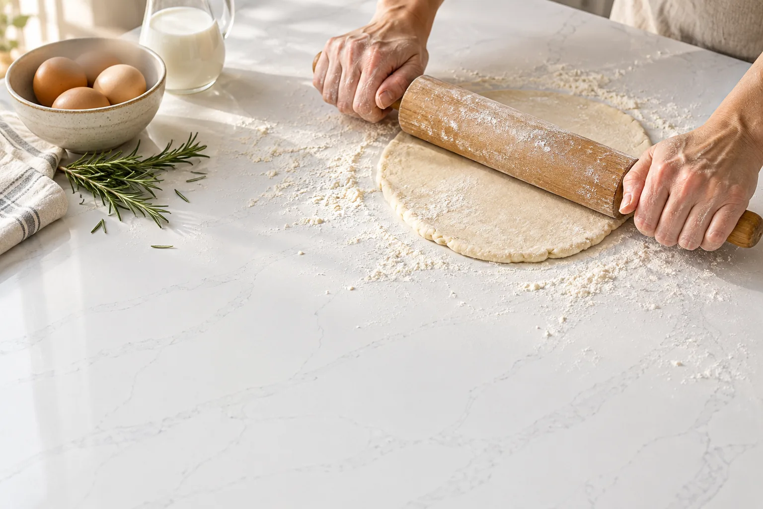 Hands rolling dough on a white marble-look quartz countertop dusted with flour
