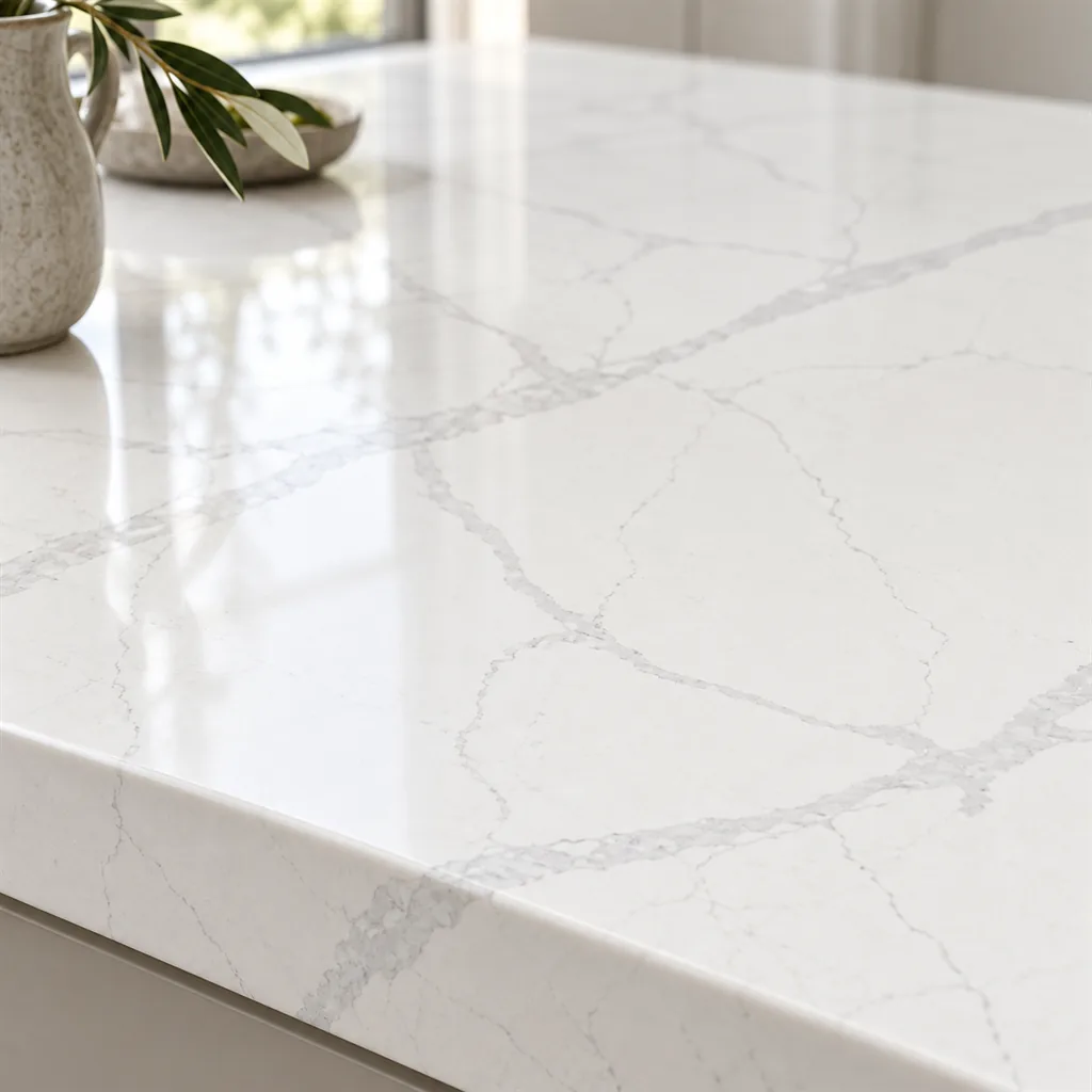 Eezi Quartz Bianco Statuario, bright white engineered quartz with bold grey veins