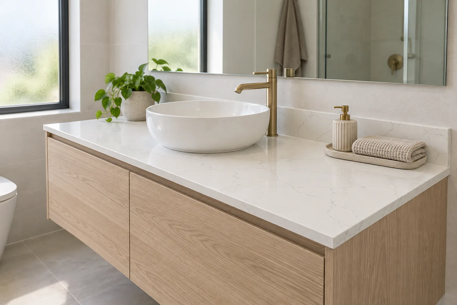 A wall-hung oak vanity with a countertop basin on an Eezi Quartz Bianco Venato top and upstand