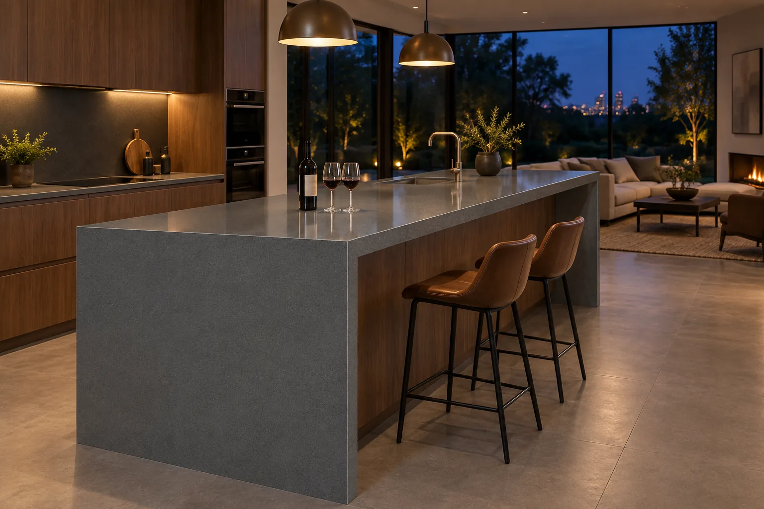 An island bar with full mitred waterfall ends in Eezi Quartz Charcoal Grey under pendant lights at dusk