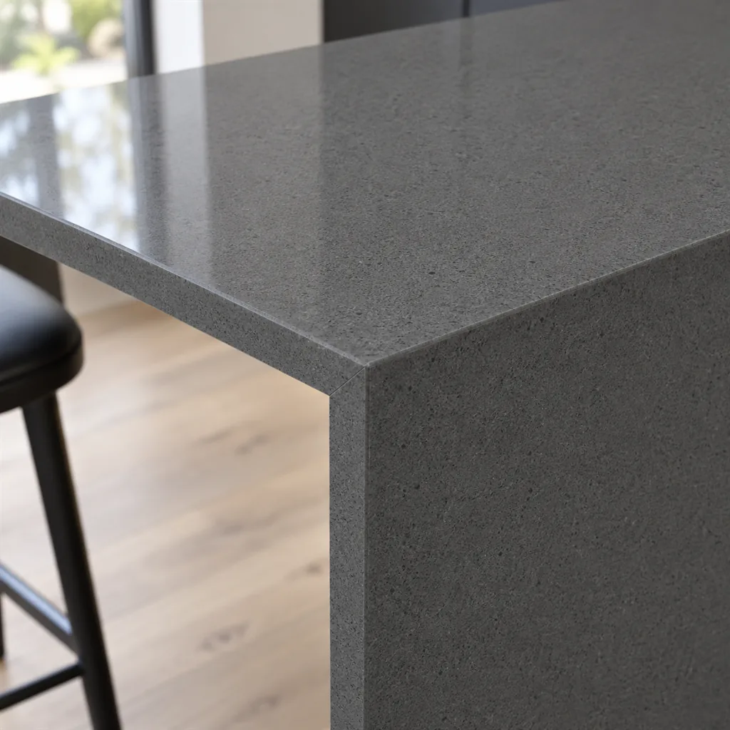 Eezi Quartz Charcoal Grey on an island corner with a mitred waterfall edge