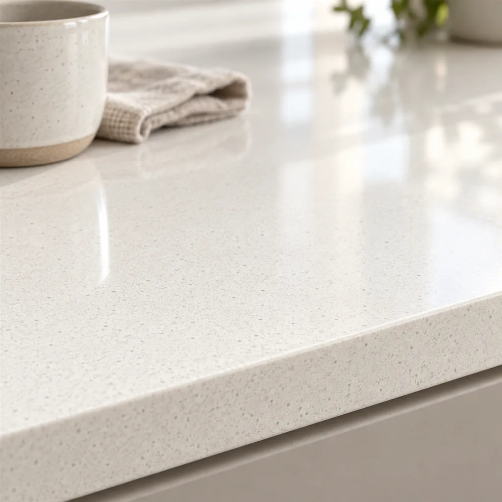 Close-up of a warm white engineered quartz countertop with a fine grain, Eezi Quartz Magnolia, 20 mm polished edge
