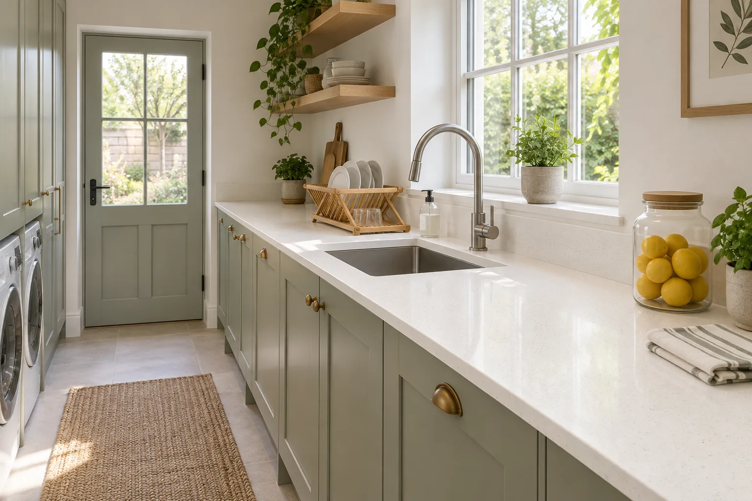 A scullery with a long countertop and upstand in Eezi Quartz Magnolia, sage-green cabinets and an undermount sink