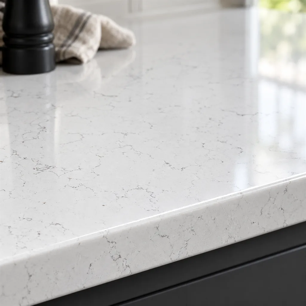 Eezi Quartz Whisper, a white engineered quartz with fine grey crackle veins