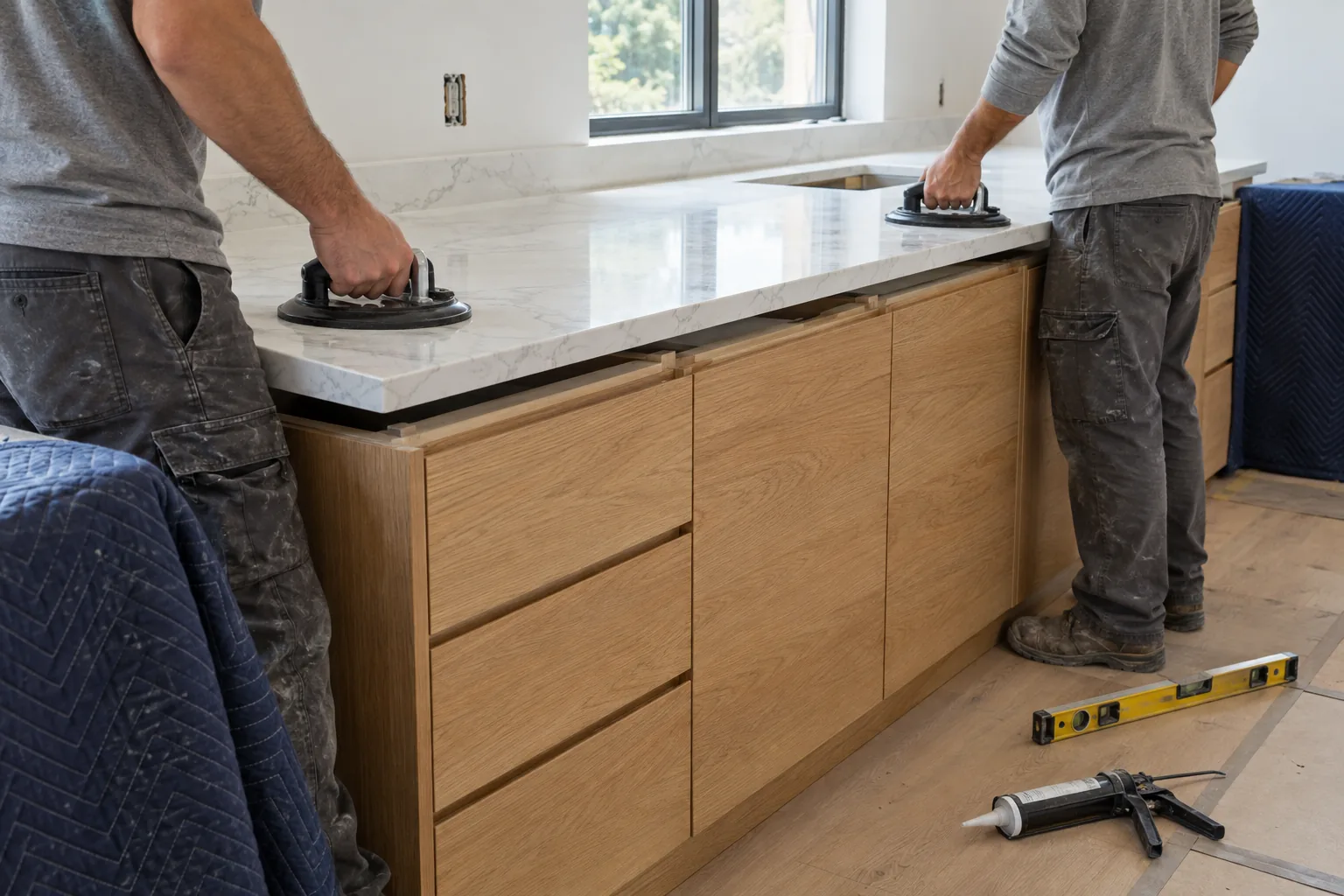 Two installers, seen from the shoulders down, lowering a white quartz top onto new oak cabinets