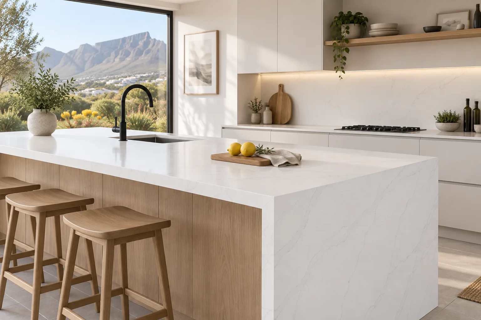 A kitchen island in white marble-look engineered quartz with a mitred waterfall end, pale oak stools and Table Mountain in the window (illustrative render of the surface)