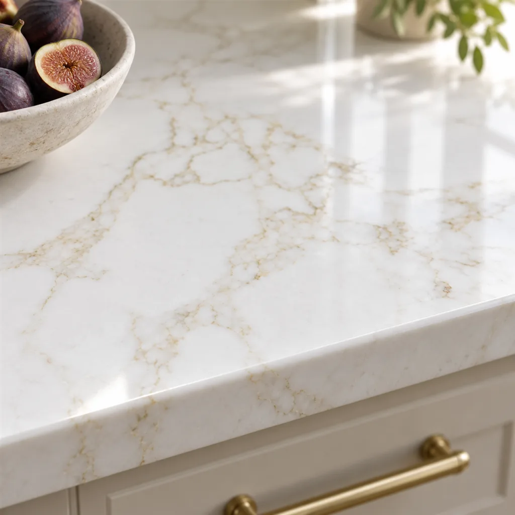 Close-up of Origin Quartz Calacatta Gold, white quartz with fine gold veins, on a polished 20 mm edge