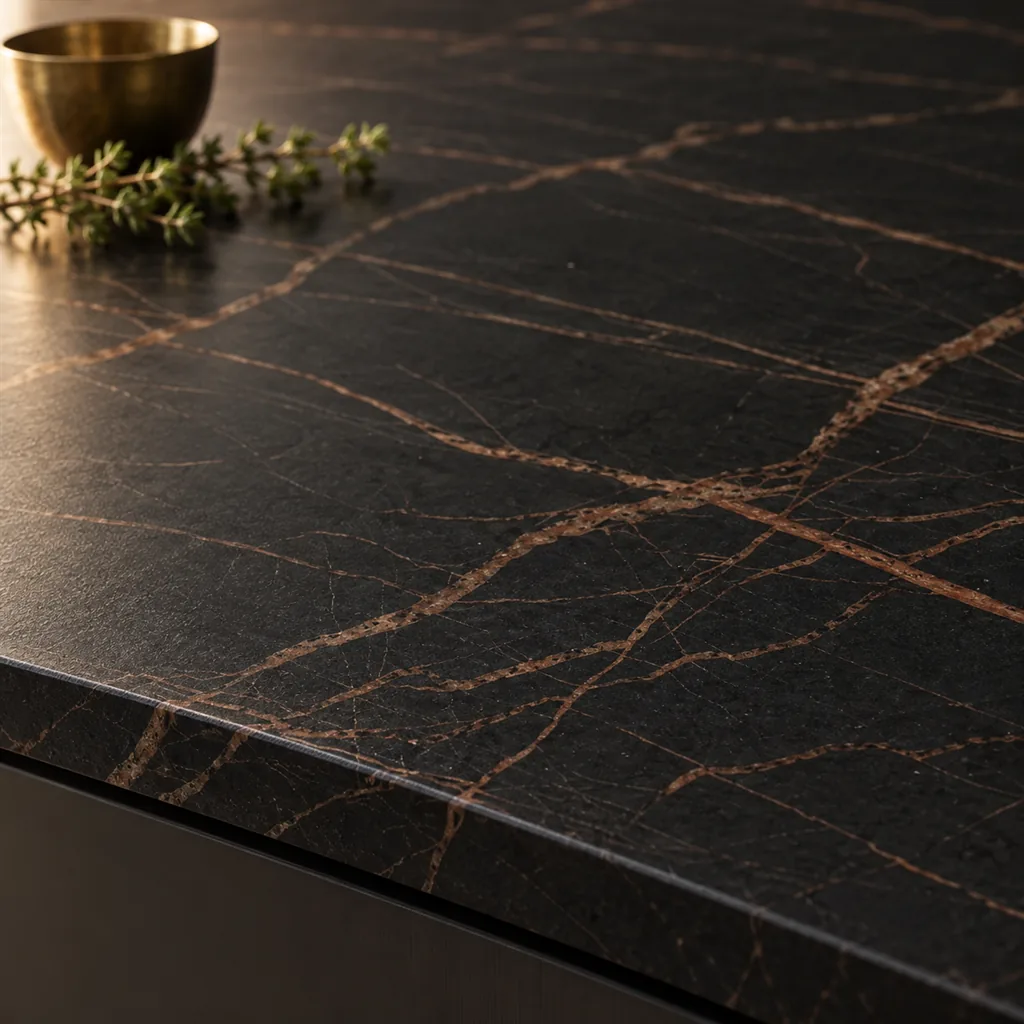 Close-up of Dekton Laurent, black porcelain with fine copper veins, on a slim edge
