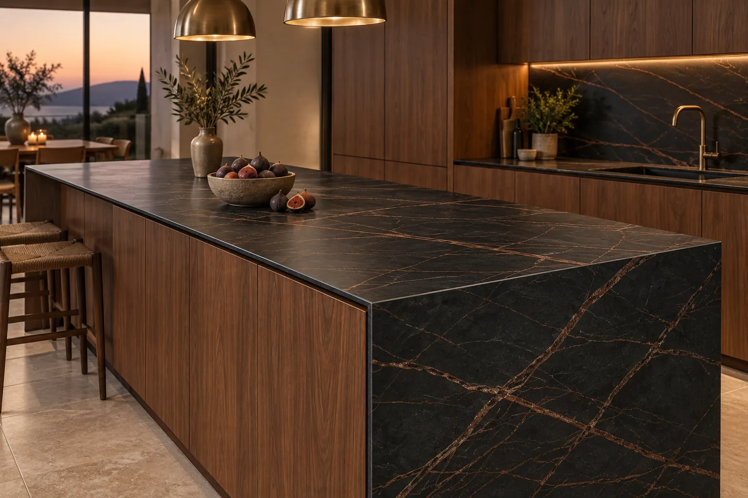 A kitchen island with a slim black porcelain top with copper veins and a waterfall end, Dekton Laurent
