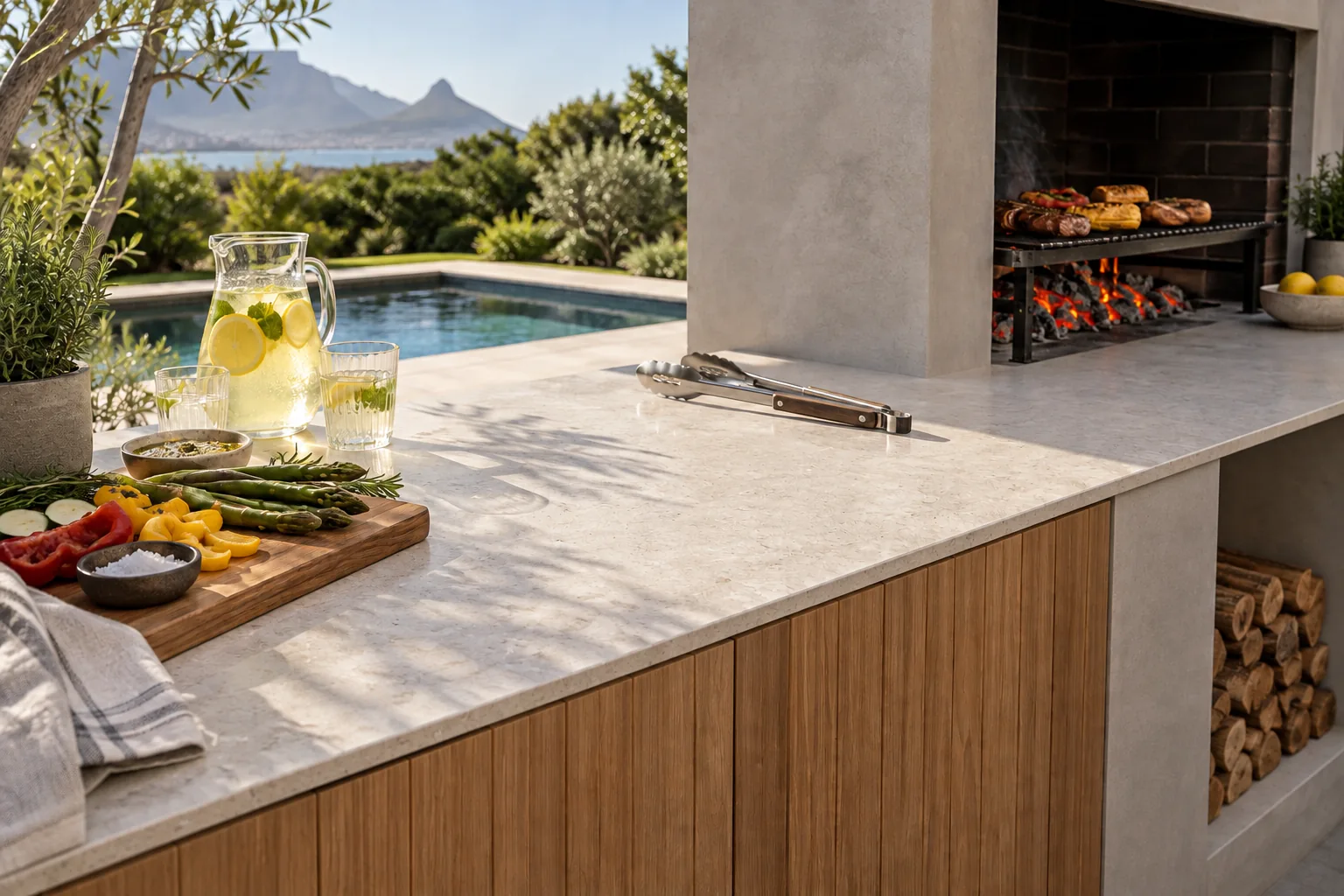An outdoor braai area in afternoon sun with a matte pale porcelain countertop, Dekton Nebbia, beside a built-in wood-fired braai