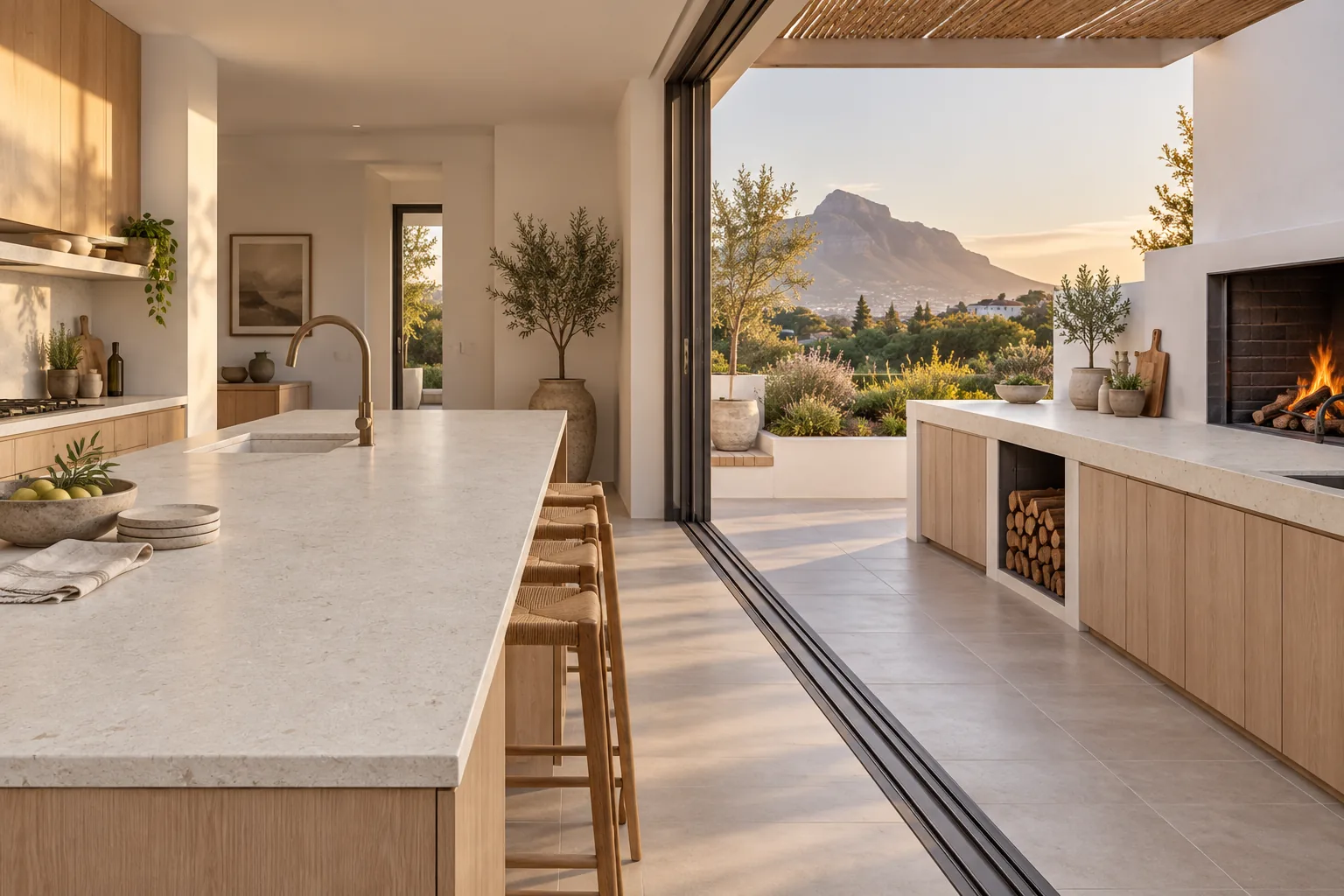 A kitchen island and an outdoor braai counter in the same pale porcelain, with glass doors open between them and a mountain beyond (illustrative render, Dekton Nebbia)