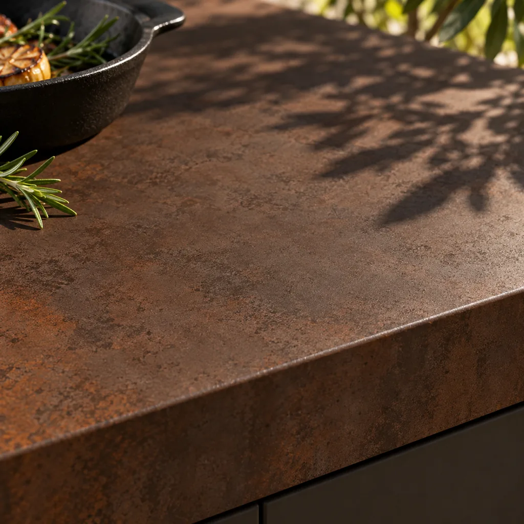 Close-up of Infinity Metal Corten, matte porcelain with a rust-brown weathered steel look, in sunlight