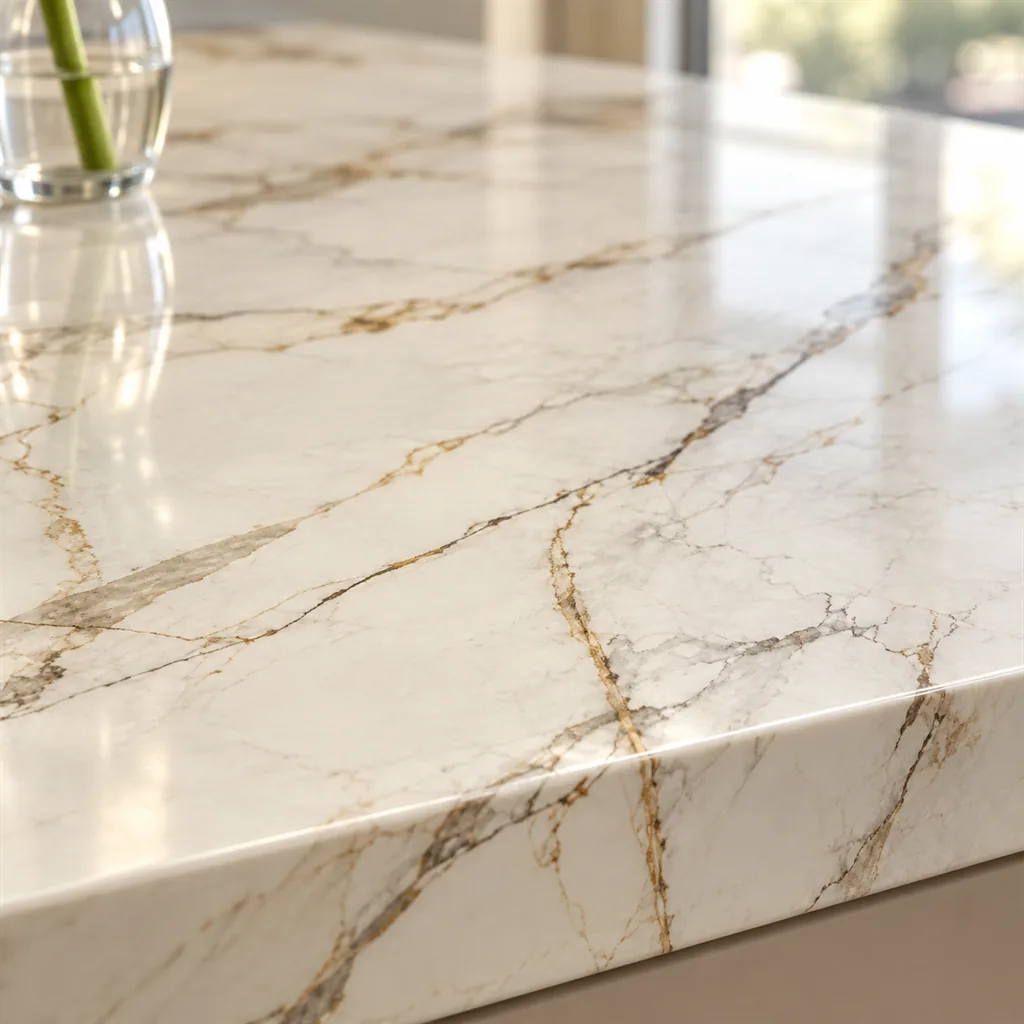 Close-up of Neolith Calacatta Luxe, warm white porcelain with gold and grey veins, on a built-up edge