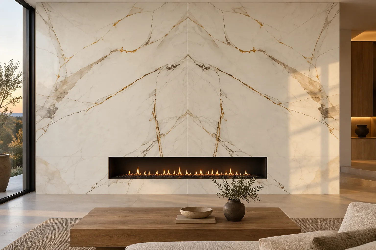 A fireplace wall clad in book-matched white porcelain panels, grey and gold veins mirrored across the central join, Neolith Calacatta Luxe