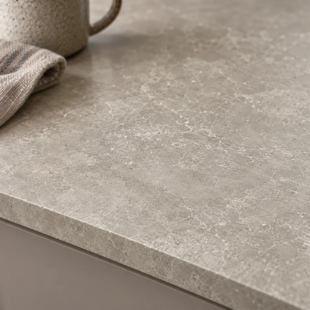 Close-up of Sapienstone Fior di Bosco, taupe-grey porcelain with soft cloudy veins