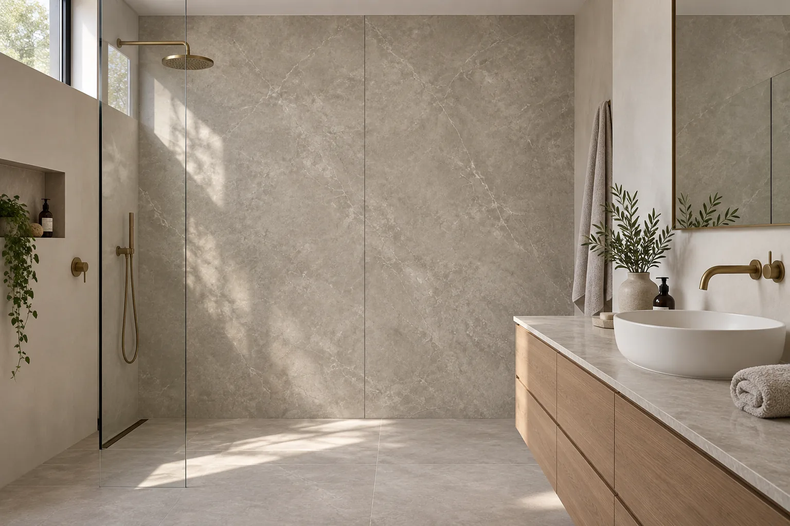 A walk-in shower clad in two large taupe porcelain panels with a single join, and a matching vanity top, Sapienstone Fior di Bosco