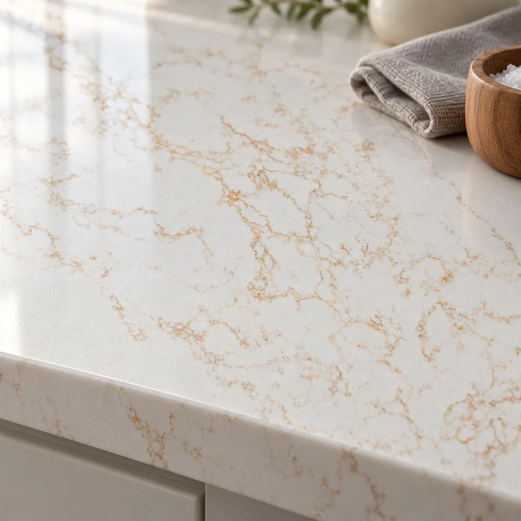 Close-up of Pro Quartz Calacatta Regal, white quartz with fine gold crackle veining, on a polished 20 mm edge