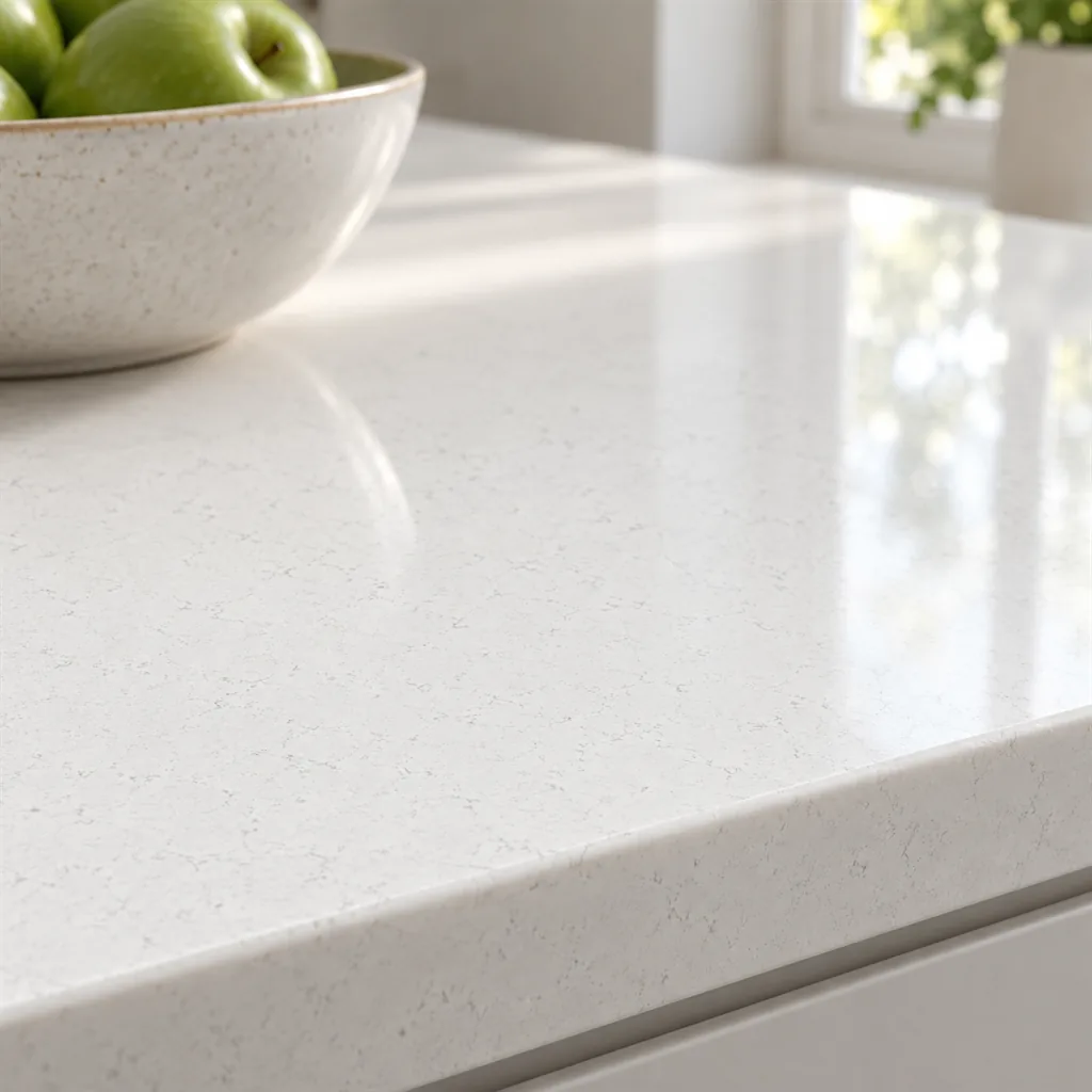 Close-up of Silestone Miami Vena, bright white quartz with fine grey veining, on a polished 20 mm edge