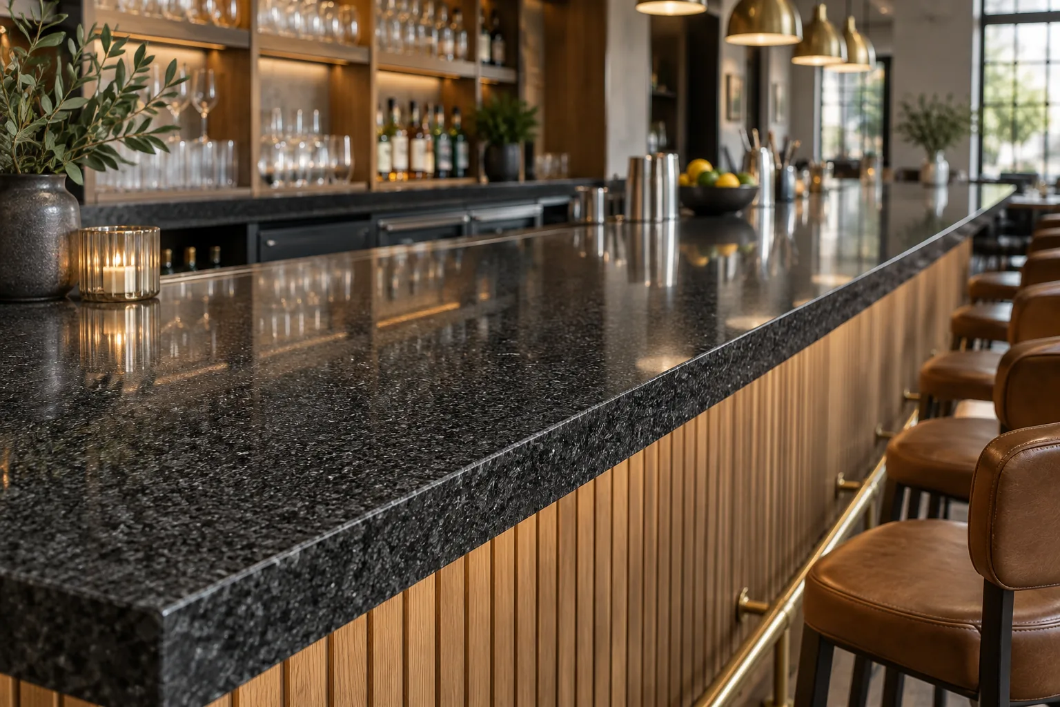 A long restaurant bar counter with a polished Black Pearl granite top, oak front and leather stools