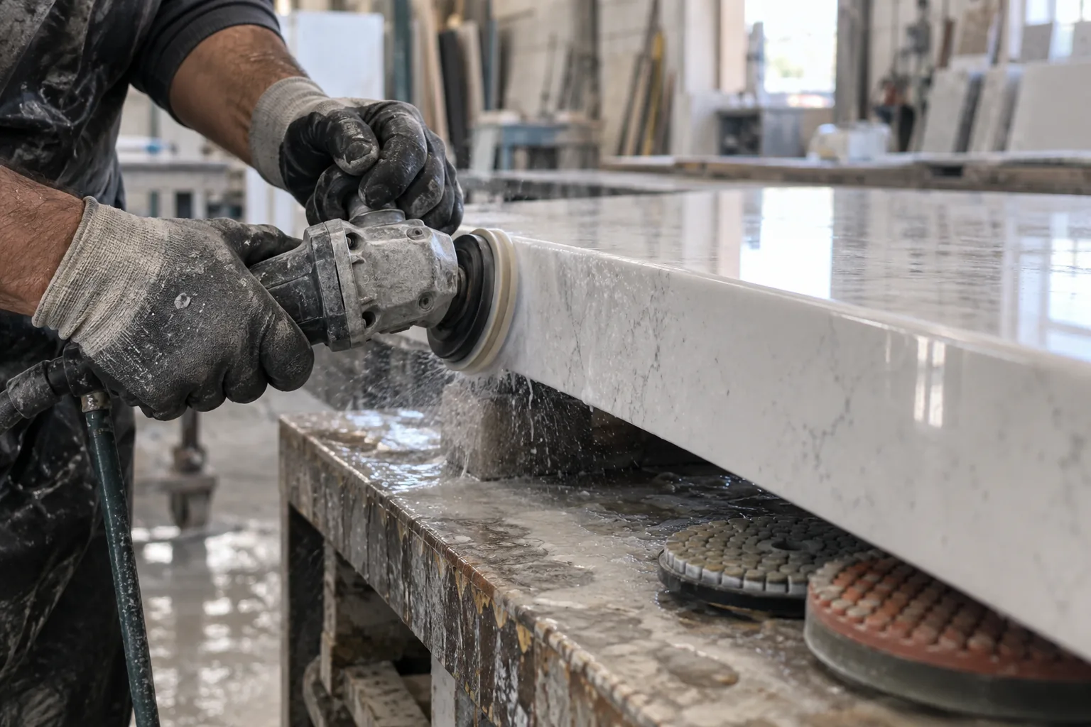 Gloved hands polishing the front edge of a white quartz piece, with water and slurry