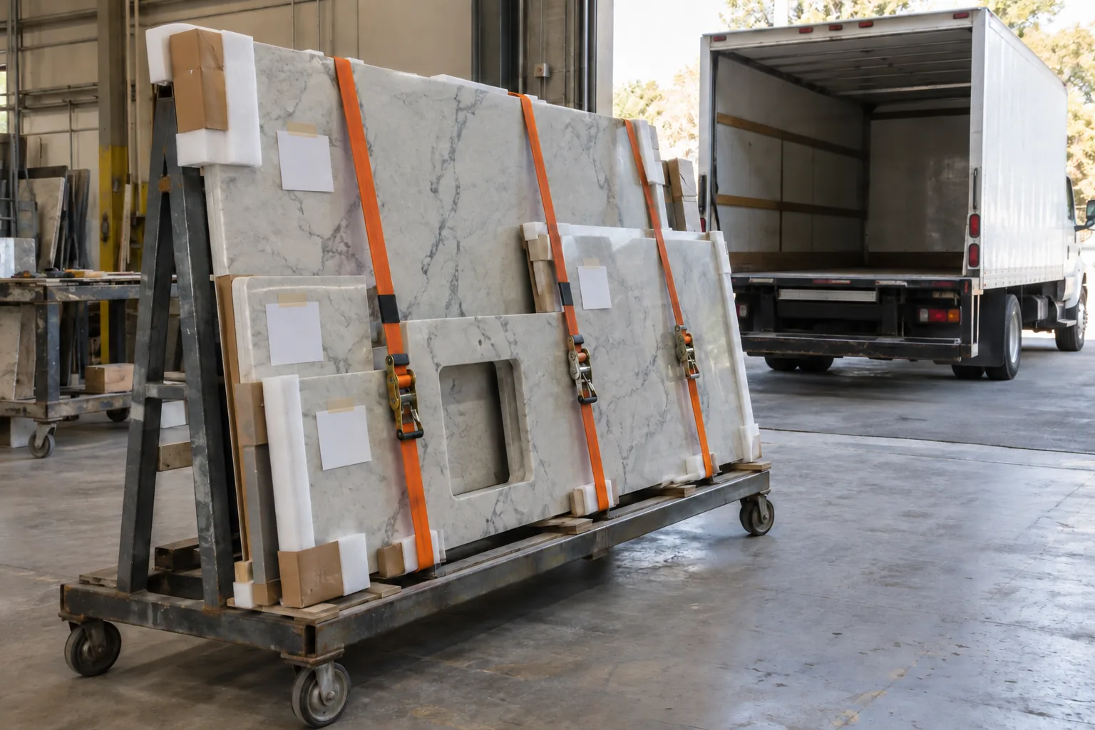 Finished countertop pieces strapped upright on a transport trolley with protected edges at a workshop door