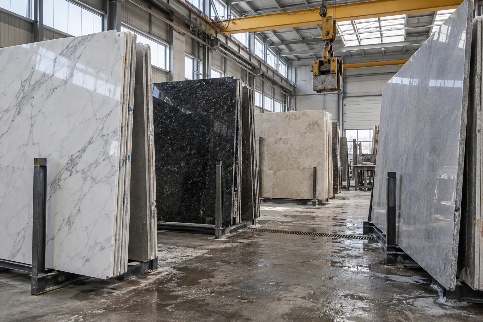 Full-size quartz, granite and porcelain slabs standing on steel racks in a workshop