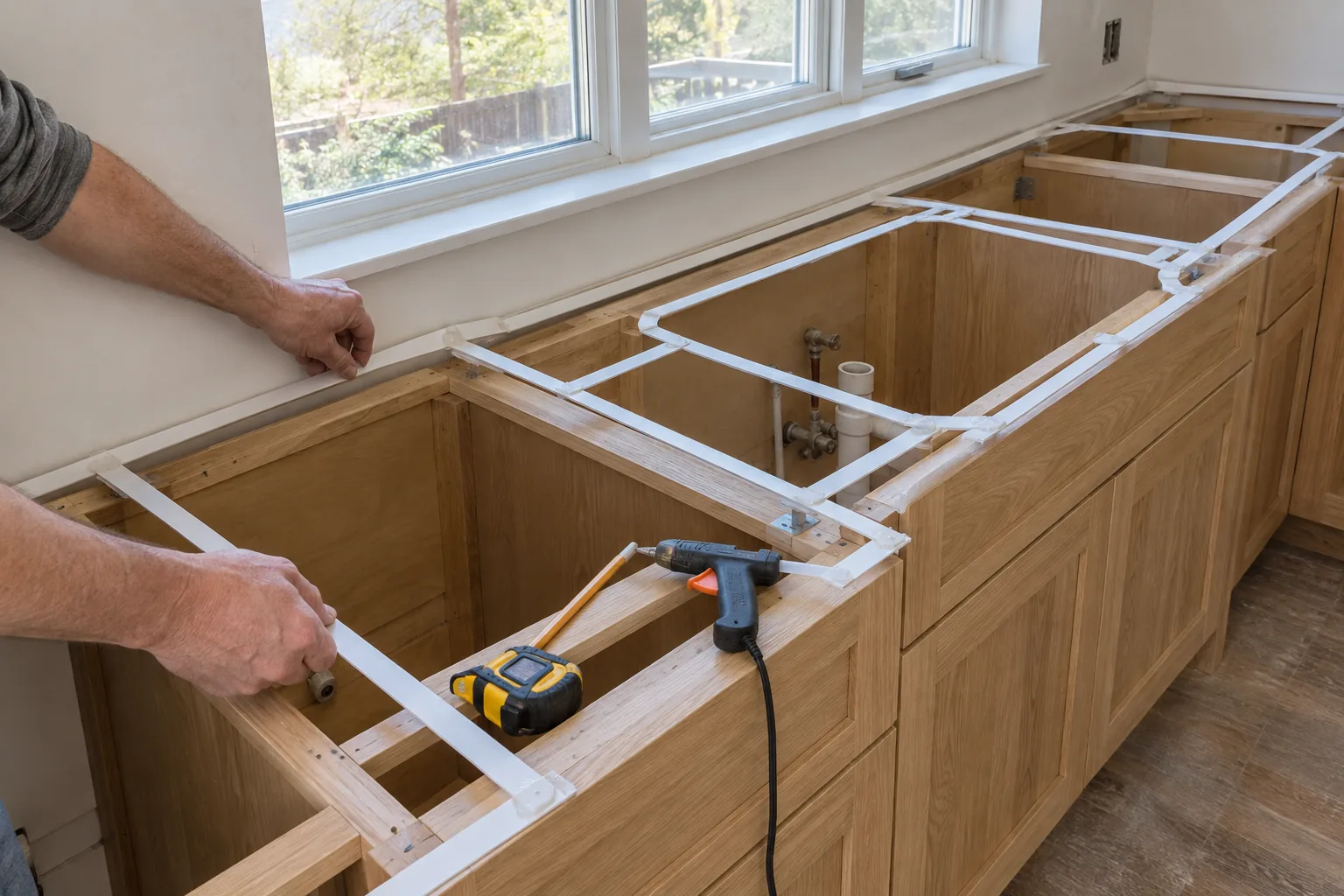 A fitter's hands laying out a template of thin white strips on new oak base cabinets