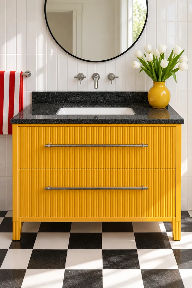 A saffron yellow vanity with a black granite top over a black and white checkerboard floor