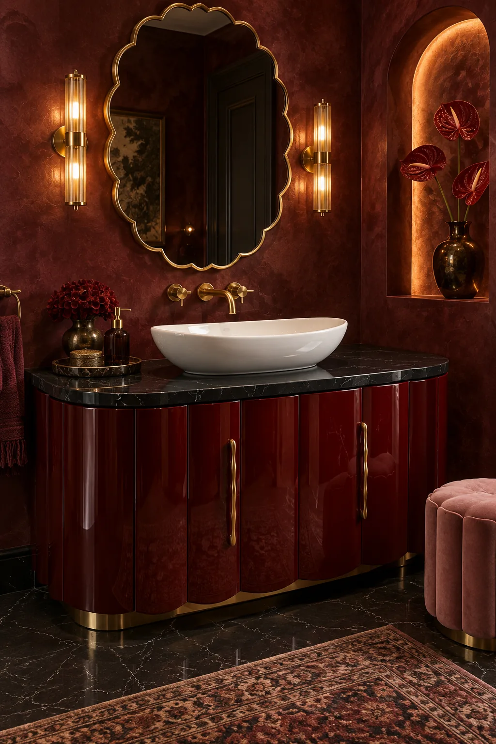 A curved oxblood red lacquered vanity with scalloped panels and gold handles, a black quartz top with fine white veins, a sculptural white basin standing on it and a gold scalloped mirror on burgundy plaster
