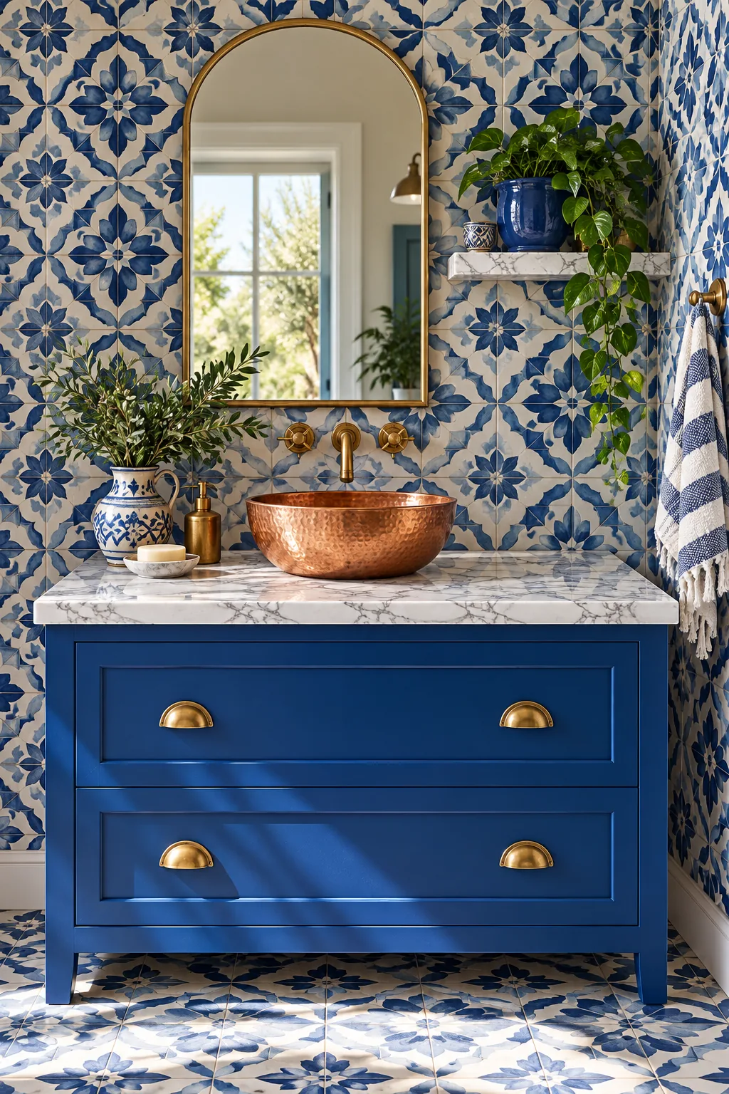 A cobalt blue vanity with a Carrara marble top and a hammered copper basin, against blue and white patterned tiles (illustration)