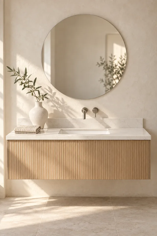 A pale oak vanity with a soft white quartz top