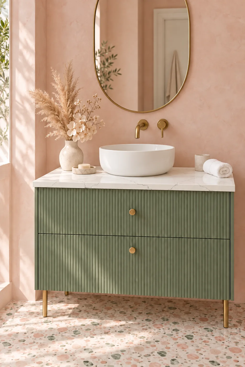 A sage green reeded vanity on brass legs with a white quartz top with thin grey veins, a round ceramic basin standing on it, blush pink plaster walls and a terrazzo floor