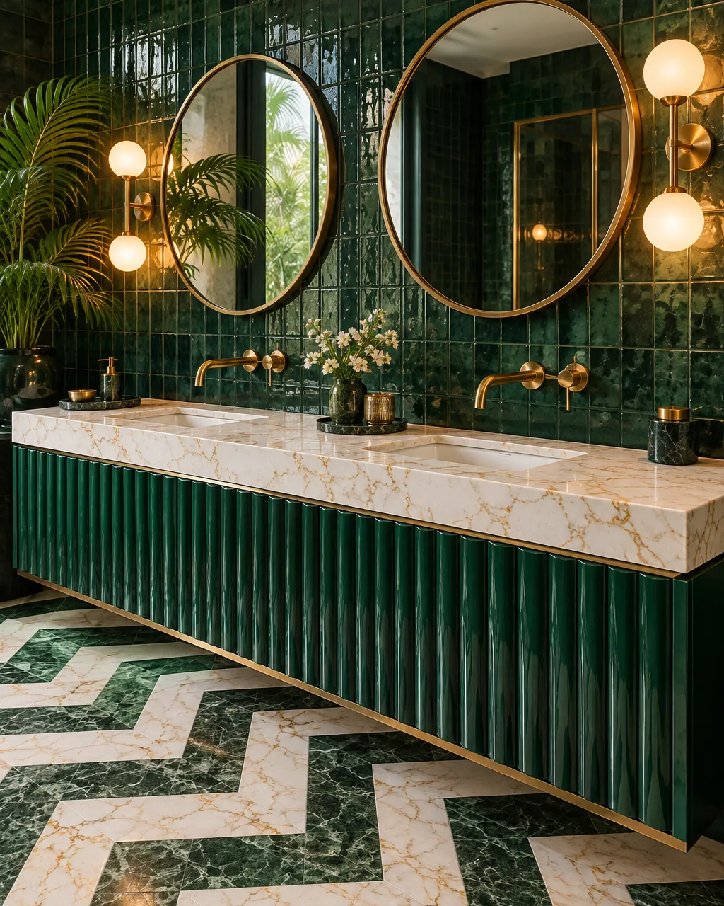 Illustration: an emerald green double vanity with a gold-veined white quartz top and brass taps
