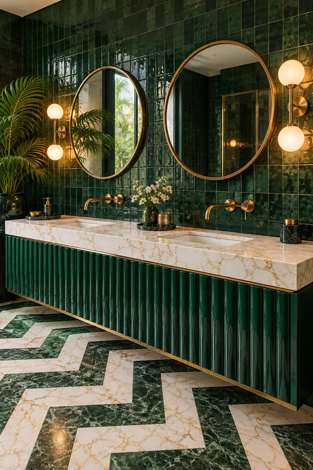 An emerald green double vanity with a gold-veined quartz top against green tiles