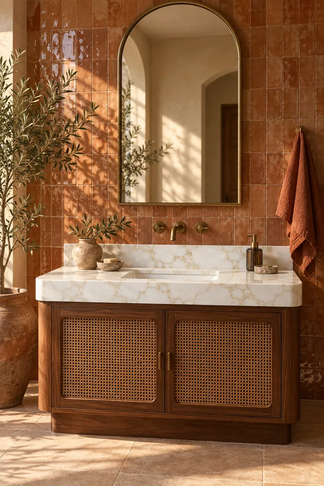 A walnut vanity with a gold-veined quartz top against terracotta tiles